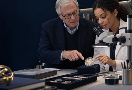 A collector and conservation specialist examining an encapsulated British coin