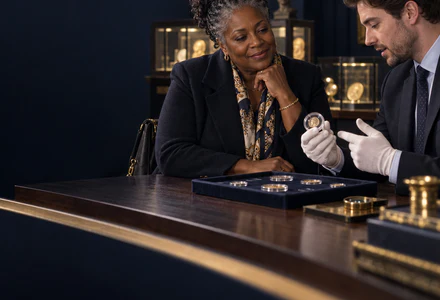 A collector discussing a commemorative coin with an auction specialist